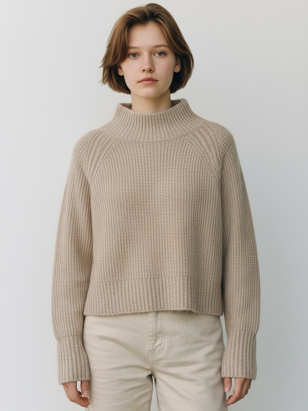 Topshop Ribbed Funnel Mock Neck Camel Brown Tan Wool Blend Cropped Sweater 12